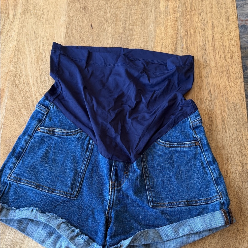 Pinkblush Navy Maternity Denim Shorts with Stretch Panel